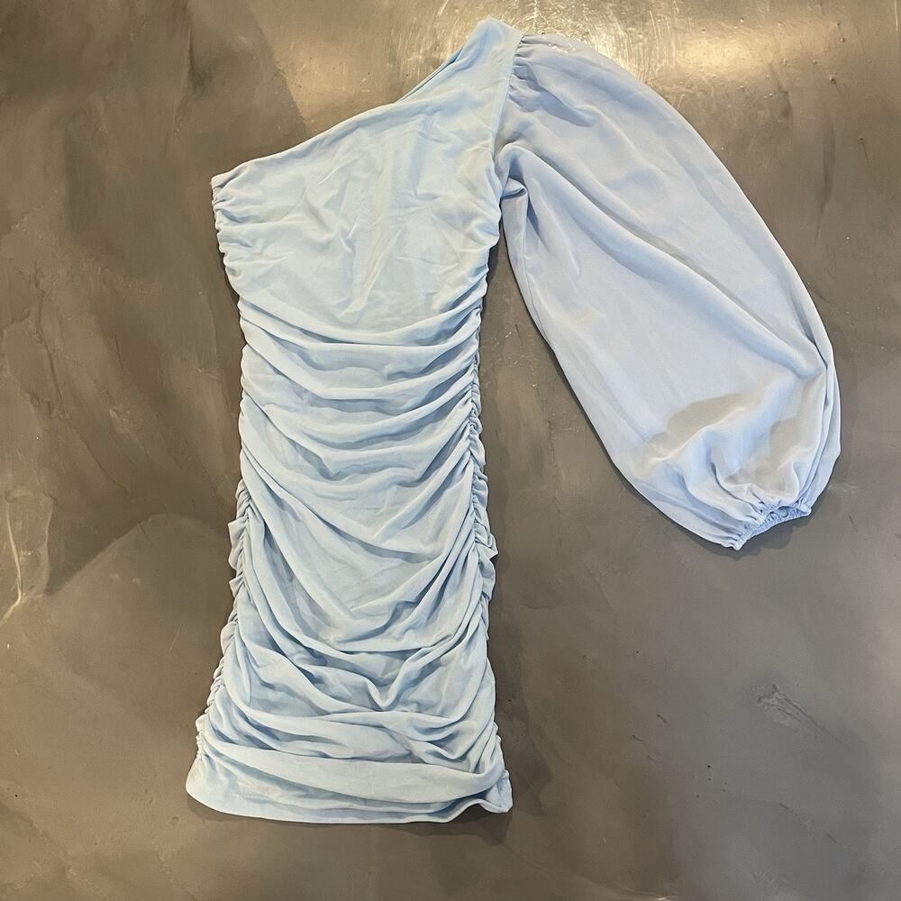 Hello Molly Blue Runched Dress Size 4 One Shoulder Balloon‎ Sleeve Dress Mini - Picture 2 of 8